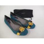 Pair of flat ballet style shoes in turquoise and yellow suede by Michael Lewis London, size 38 (