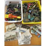 Two boxes containing a large quantity of playworn diecast model vehicles and a small quantity of