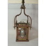 Edwardian brass and copper hall lantern with four leaded coloured and etched glass panels, 32.5ins