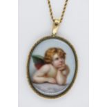 Circular porcelain pendant, painted with a cherub in a gilt metal mount, suspended from a 15ct