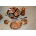 Copper two handled warming pan, three copper kettles and other miscellaneous items