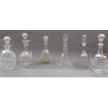 Group of four good quality hobnail cut glass decanters with stoppers, cut glass ship's type