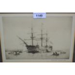 Roland Langmaid, etching of HMS Victory at Portsmouth, signed in pencil by the artist, framed,