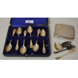 Set of six Sheffield silver coffee spoons in fitted box, silver cigarette case with engine turned