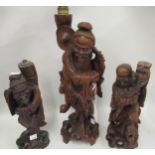 Group of three Chinese root carving figures of sages (converted to table lamps)