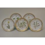 Set of five Royal Copenhagen Flora Danica small side plates painted with botanical specimens '