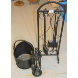 Modern iron fireside tool set, another smaller and a coal scuttle