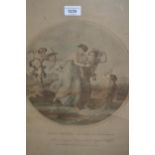 Pair of stipple engravings after Kauffman, classical figures with cherubs, in maple and gilt frames,