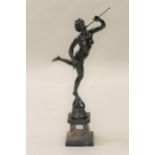 19th Century patinated bronze figure of Fortuna, after Giambologna, mounted on a marble plinth base,