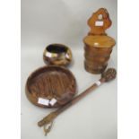 Native carved hardwood knob kerry, two modern treenware bowls and a treenware salt box