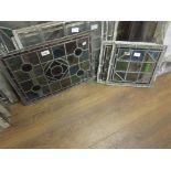 Small rectangular leaded and coloured glass window panel (at fault) together with a pair of