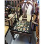 19th Century mahogany Hepplewhite style open elbow chair with carved scroll arms, another open elbow