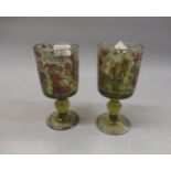 Pair of German hunting goblets painted with figures and animals, 6.5ins high