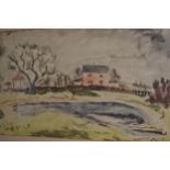Watercolour, cottages and tree in a landscape, 12ins x 20.5ins, gilt framed, together with two