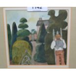 Shirley Smithers watercolour, titled ' Topiary ', signed in a painted and lime waxed frame,