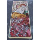 Modern woolen rug woven with a pictorial design after Alphonse Mucha, 98ins x 40ins approximately