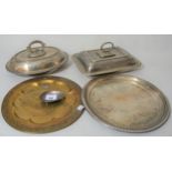 Two plated entrée dishes, small brass tray and a Continental white metal oval dish