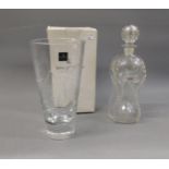 Antique glass decanter with etched decoration, together with a boxed Royal Doulton cut glass vase