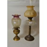 Two brass oil lamps, with glass shades and chimneys and sundries No damage, both in good condition
