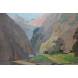 Pair of unframed oils of figures camped at a mountain gorge, signed Hirst Walker verso and study