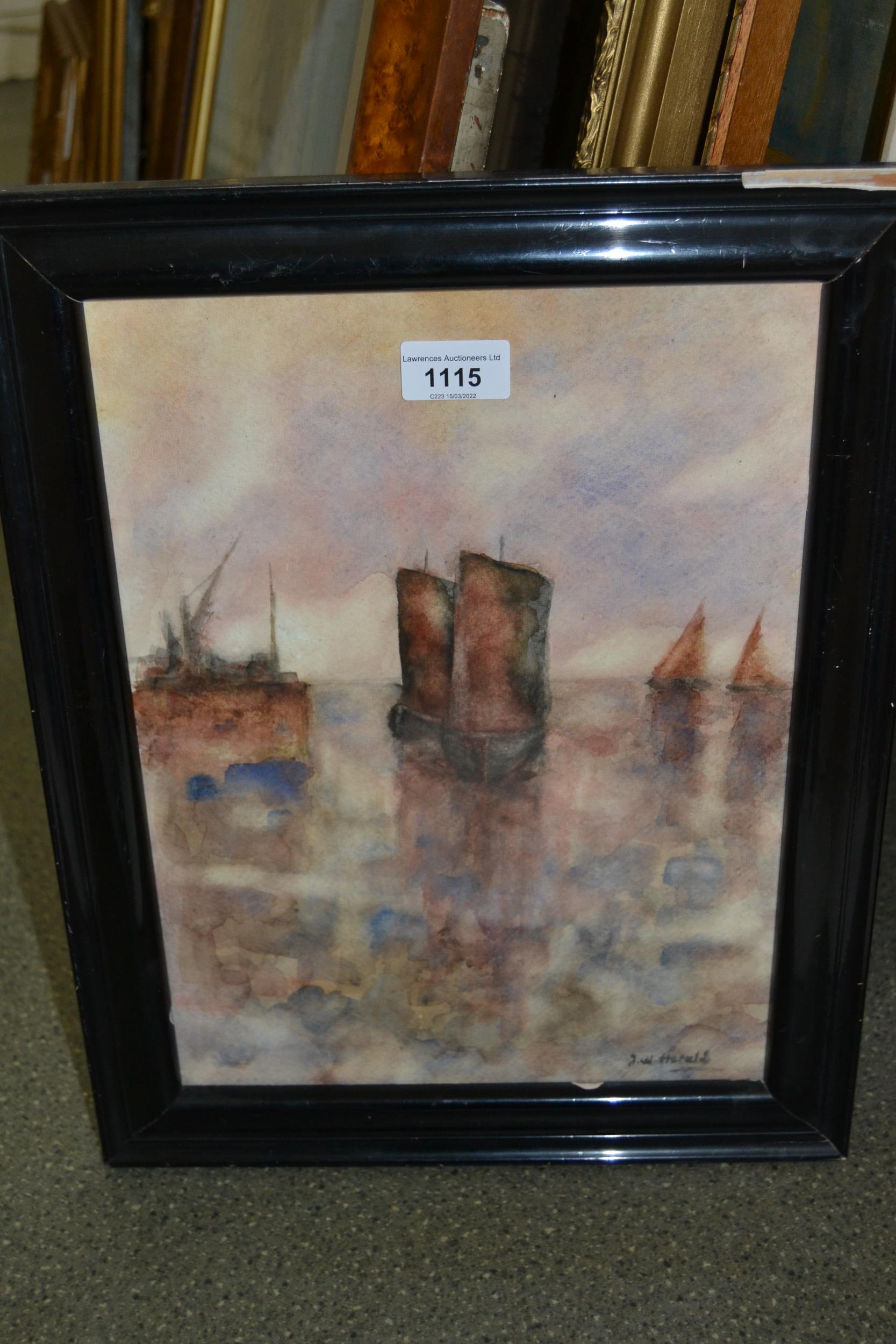 Ebonised framed watercolour, boats near a quayside, signed J.W Harold, 13.5ins x 10ins - Image 2 of 2