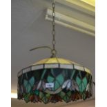 Reproduction Tiffany style leaded and coloured glass ceiling shade, 17ins x 9ins approximately