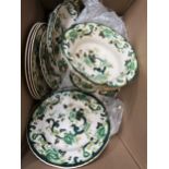 Box containing a quantity of various Masons ironstone Chartreuse pattern dinnerware, including