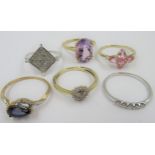 Group of six 9ct gold and gem set dress rings