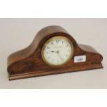 Edwardian figured walnut and chequer inlaid mantel clock, the painted dial with Arabic numerals,