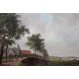 Stephan Haan, oil on canvas, figures in a river landscape with distant church, 20ins x 24ins, gilt