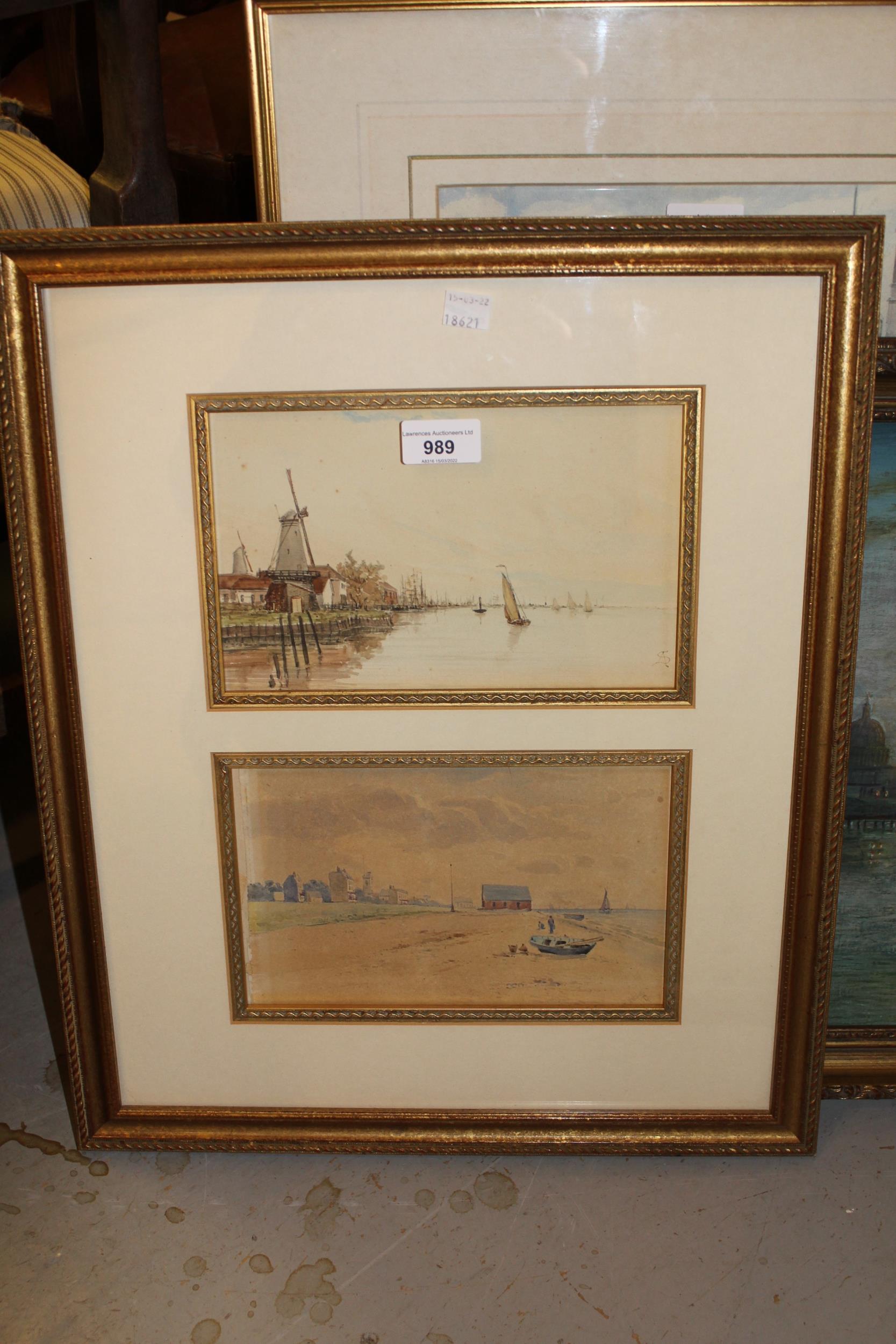 Two watercolours coastal scenes, one signed with monogram A.S and the other indistinctly signed, 5. - Image 3 of 3