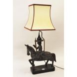 Late 20th Century carved wooden table lamp in the form of an Asian warrior on horseback holding a