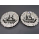 Pair of Dillwyn black and white transfer printed pottery plates, decorated with shipping scenes, 8.