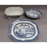 Chinese blue and white lozenge shaped dish, an octagonal meat dish and an octagonal tureen (no