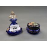 Small Bohemian blue glass and enamel decorated perfume bottle, 3ins high together with a similar