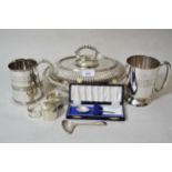 Two silver napkin rings, modern silver reproduction of a Roman spoon, cased, silver baby spoon and a