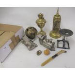 Pierced brass and engraved hanging incense burner, small embossed brass oil lamp with glass chimney,