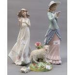 Lladro figure of young lady reading a book, another holding basket of butterflies and a