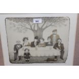 Signed etching, figures around a table in a garden, No. 67 of 80, another of an abstract