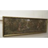 Gilt framed tapestry picture, figures in a landscape, 9ins x 29ins