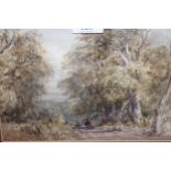 19th Century English school, watercolour, figures in a wooded landscape, unsigned, 7ins x 9.5ins,