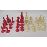 19th Century turned white and red stained bone chess set This is a complete set