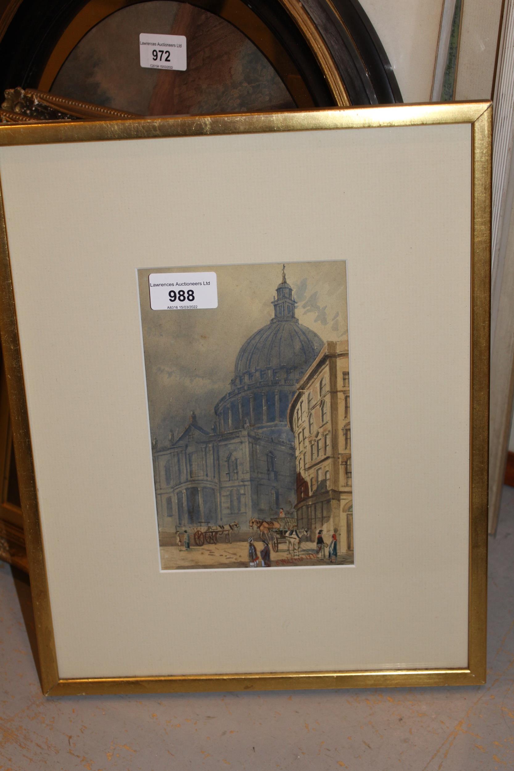 G. Wilfrid, small 19th Century watercolour, figures and horse drawn carriages before St Paul's - Image 2 of 2