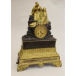 19th Century French dark patinated and gilt bronze mantel clock, the case surmounted by two female