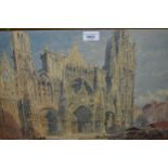 19th Century watercolour, study of a Continental cathedral, signed Shafer, 13ins x 19ins