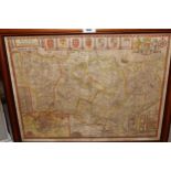 Framed antique hand coloured map of Kent incorporating plans of Canterbury and Rochester, 14.75ins x