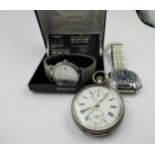 Silver crown wind open faced pocket watch, together with two gentleman's wristwatches