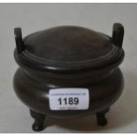 Small 19th Century or earlier Chinese bronze two handled censer with a shallow engraved key