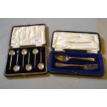 Cased set of six silver bean handled coffee spoons and a cased silver Christening pair