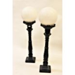 Pair of 1920's cast iron black painted lanterns with opaque glass shades, 34ins high excluding